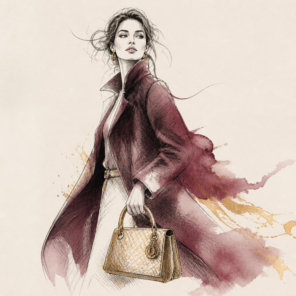 Hand-drawn illustration of a woman with a designer handbag.