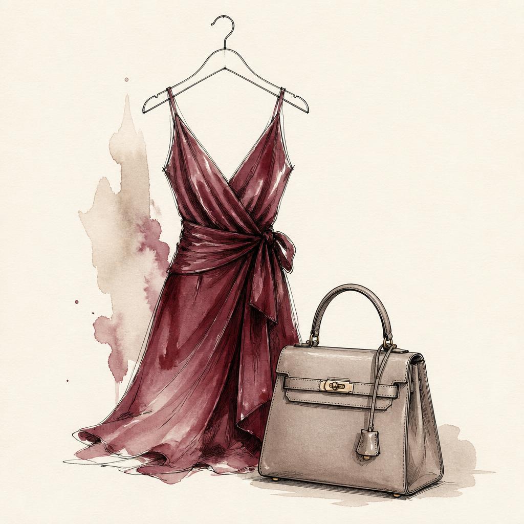 Hand-drawn illustration of a dress on a hanger with a handbag.