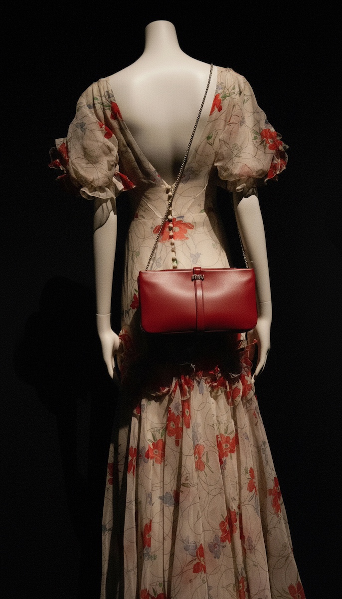 A red designer handbag presented on a mannequin in a dark exhibition room