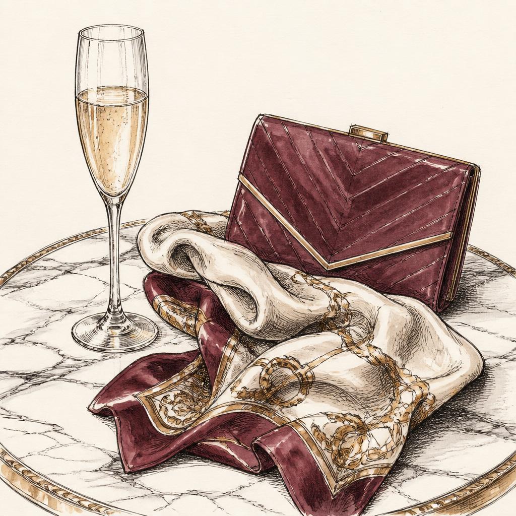 Hand-drawn illustration of a clutch, champagne flute, and silk scarf.