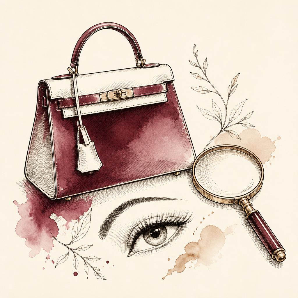 Hand-drawn illustration of a handbag and magnifying glass.