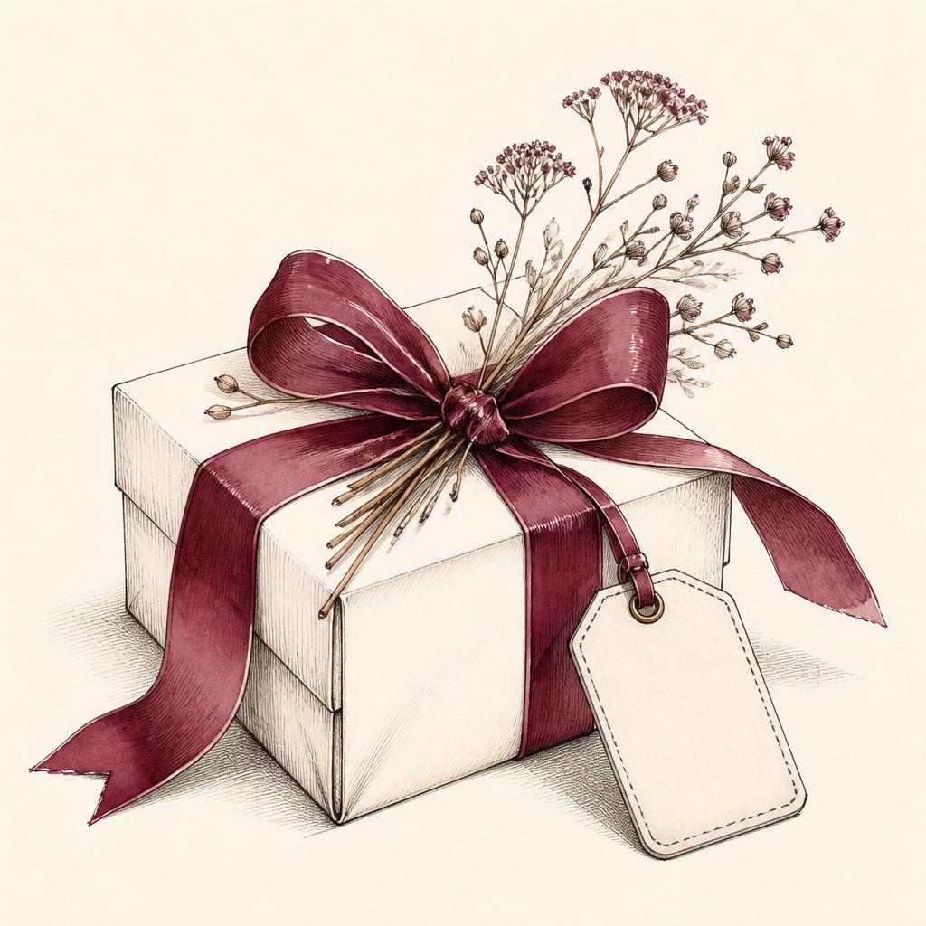 Hand-drawn illustration of a wrapped gift box with ribbon and handbag tag.