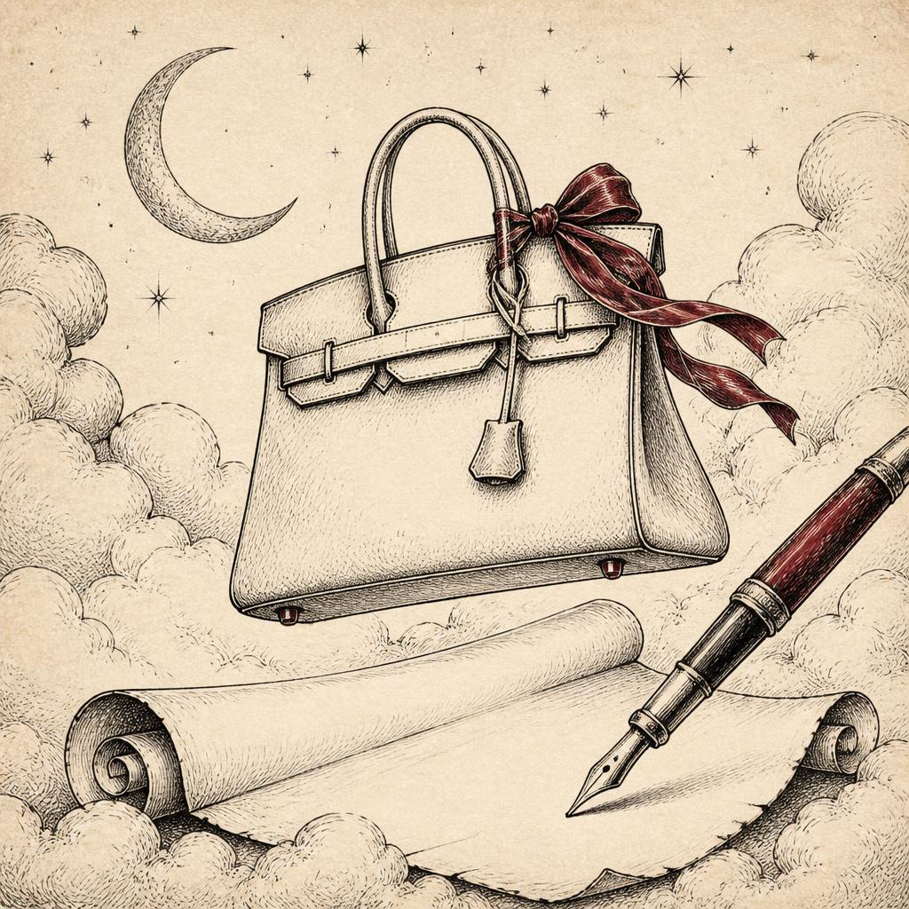 Hand-drawn illustration of a handbag floating in clouds with a fountain pen and parchment scroll.