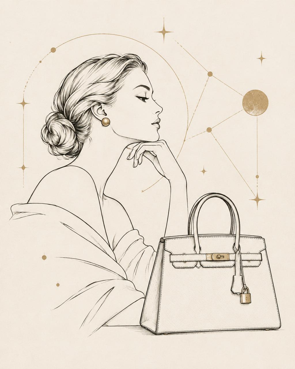 Line illustration of a woman beside a designer handbag with constellation lines
